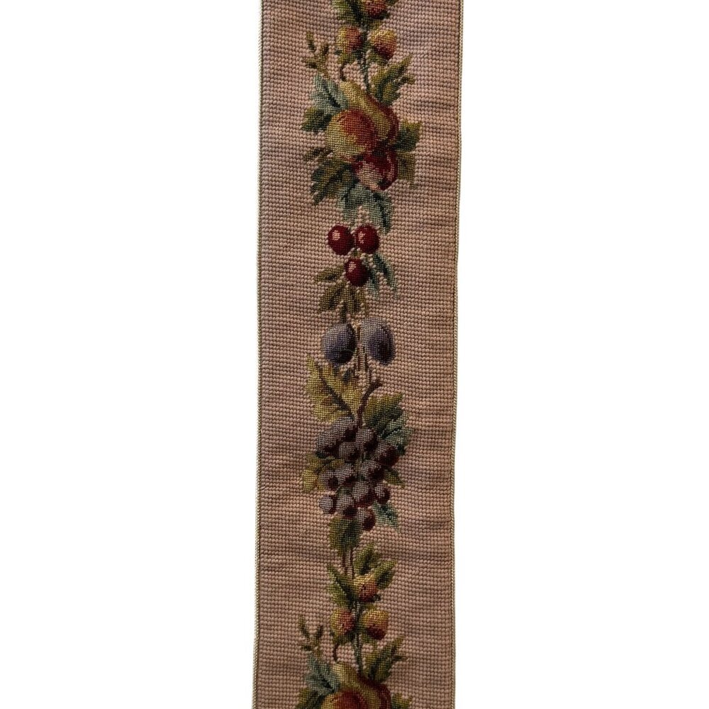 Vintage Fruit Needlepoint Bell Pull 69" Ornate Brass Handles Peach Satin Backing